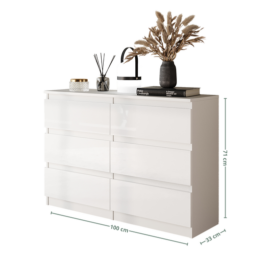 GABRIEL - Cassettiera a 6 cassetti - Credenza per camera da letto - Bianco opaco / Bianco lucido