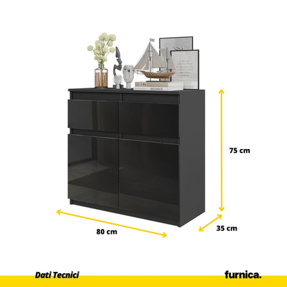 NOAH - Cassettiera con 2 cassetti e 2 ante - Credenza per camera da letto - Antracite / Nero Lucido