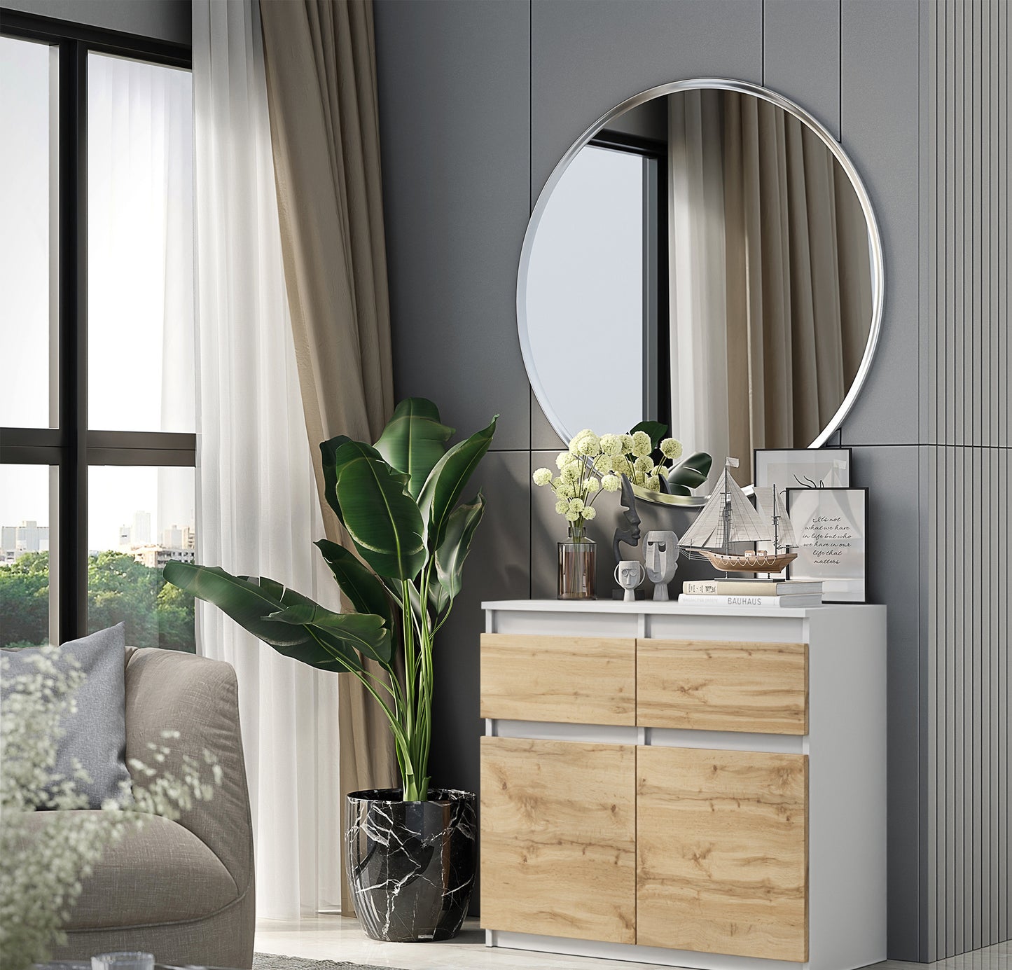 NOAH - Cassettone con 2 cassetti e 2 ante - Credenza per camera da letto - Bianco opaco / Quercia Wotan
