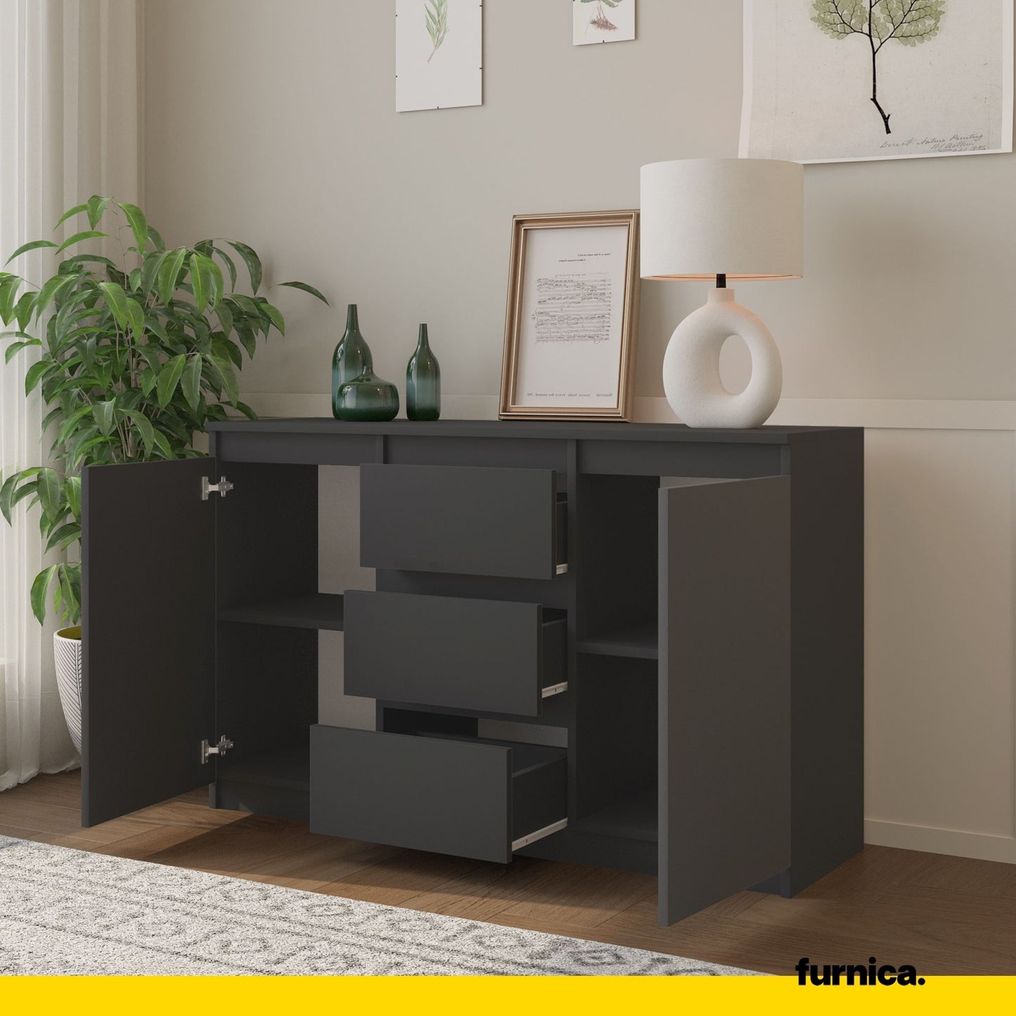 MIKEL - Cassettiera con 3 cassetti e 2 ante - Credenza per camera da letto - Antracite