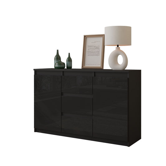 MIKEL - Cassettiera a 3 cassetti e 2 ante - Credenza per camera da letto - Antracite / Nero Lucido