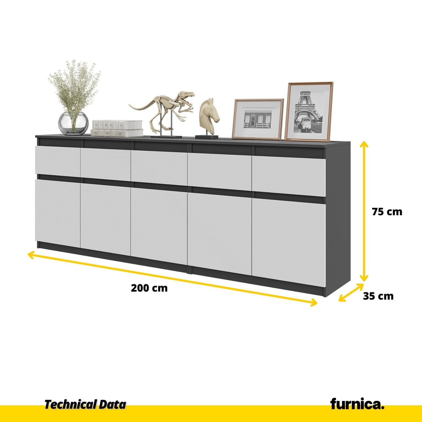 NOAH - Cassettiera a 5 cassetti e 5 ante - Credenza per camera da letto - Antracite / Bianco Opaco H75cm L200cm P35cm