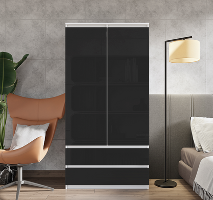 JOELLE - Armadio a 2 ante con 2 cassetti - Bianco opaco / Nero Lucido H180cm L90cm P50cm