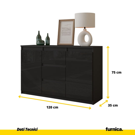 MIKEL - Cassettiera a 3 cassetti e 2 ante - Credenza per camera da letto - Antracite / Nero Lucido