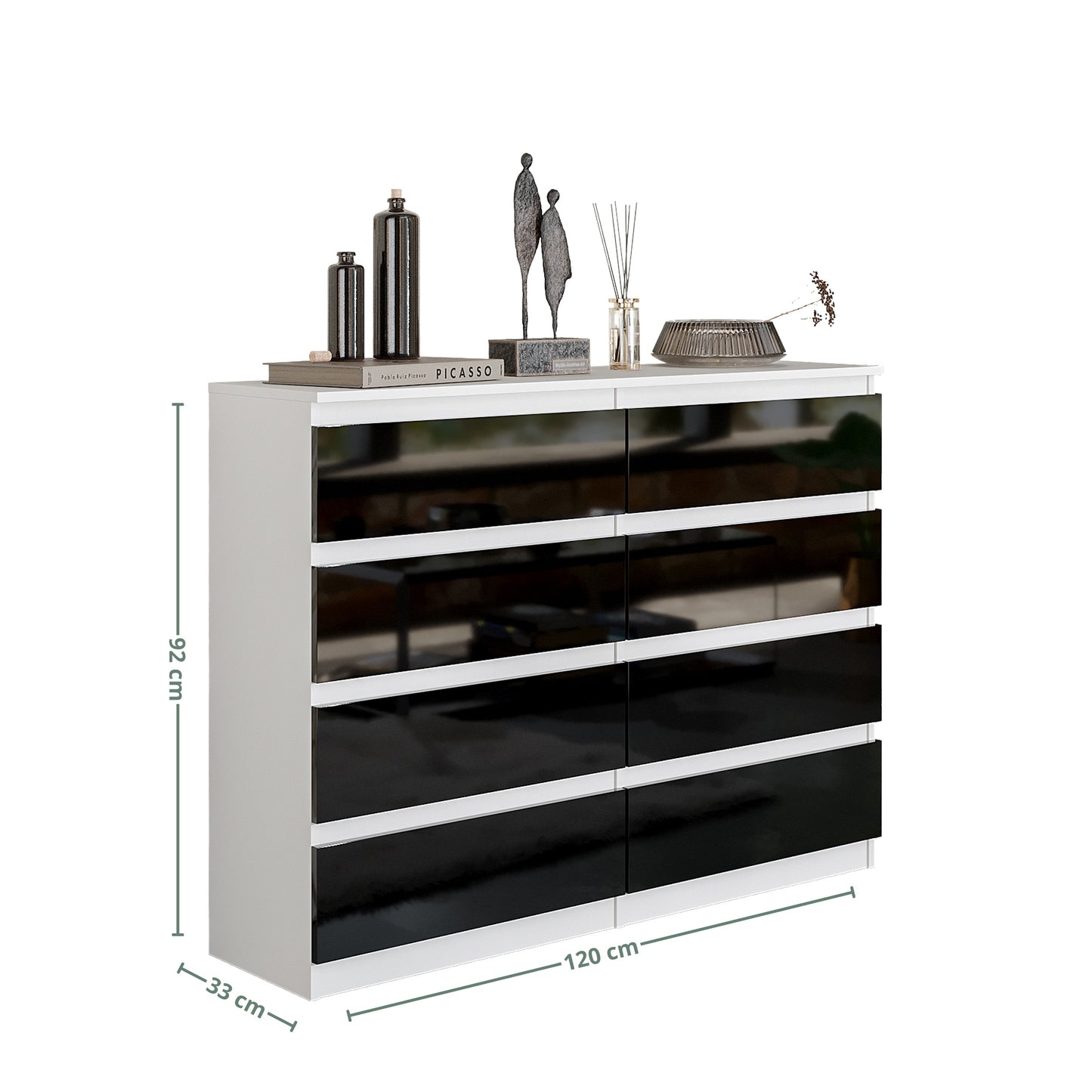 GABRIEL - Cassettiera a 8 cassetti - Credenza per camera da letto - Bianco opaco / Nero lucido