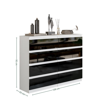 GABRIEL - Cassettiera a 8 cassetti - Credenza per camera da letto - Bianco opaco / Nero lucido