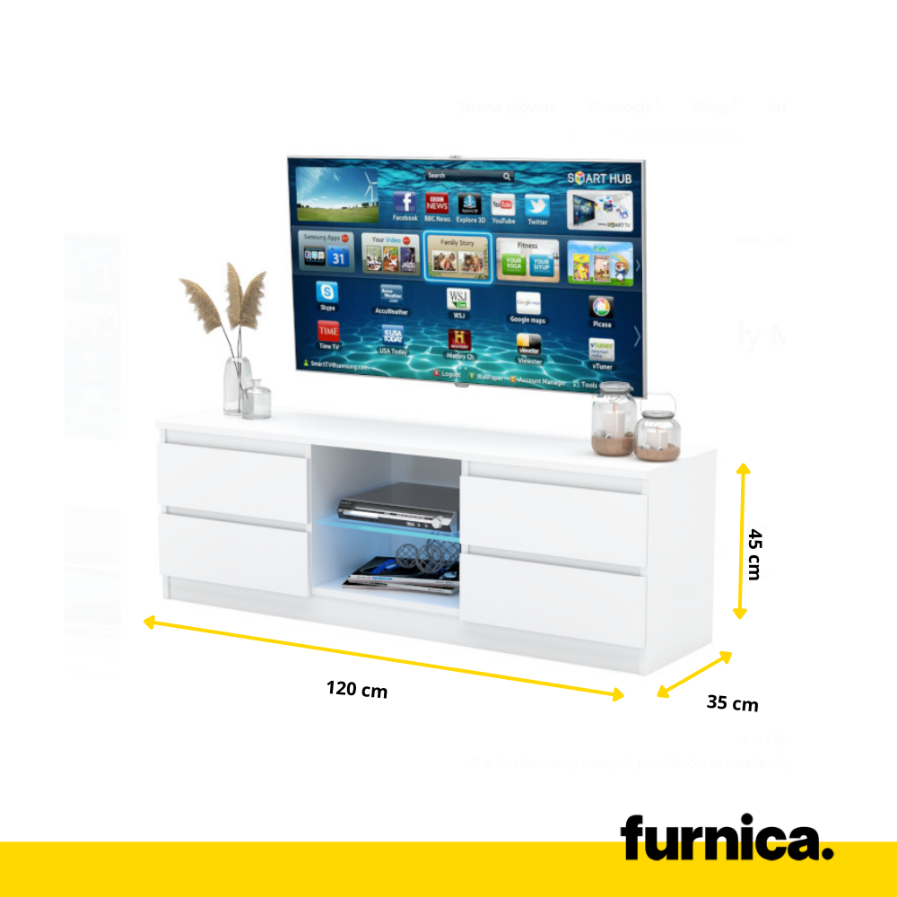 MARCO - Mobile porta TV con 4 cassetti e 1 ripiano in vetro - H45cm L120cm P35cm - Bianco Opaco