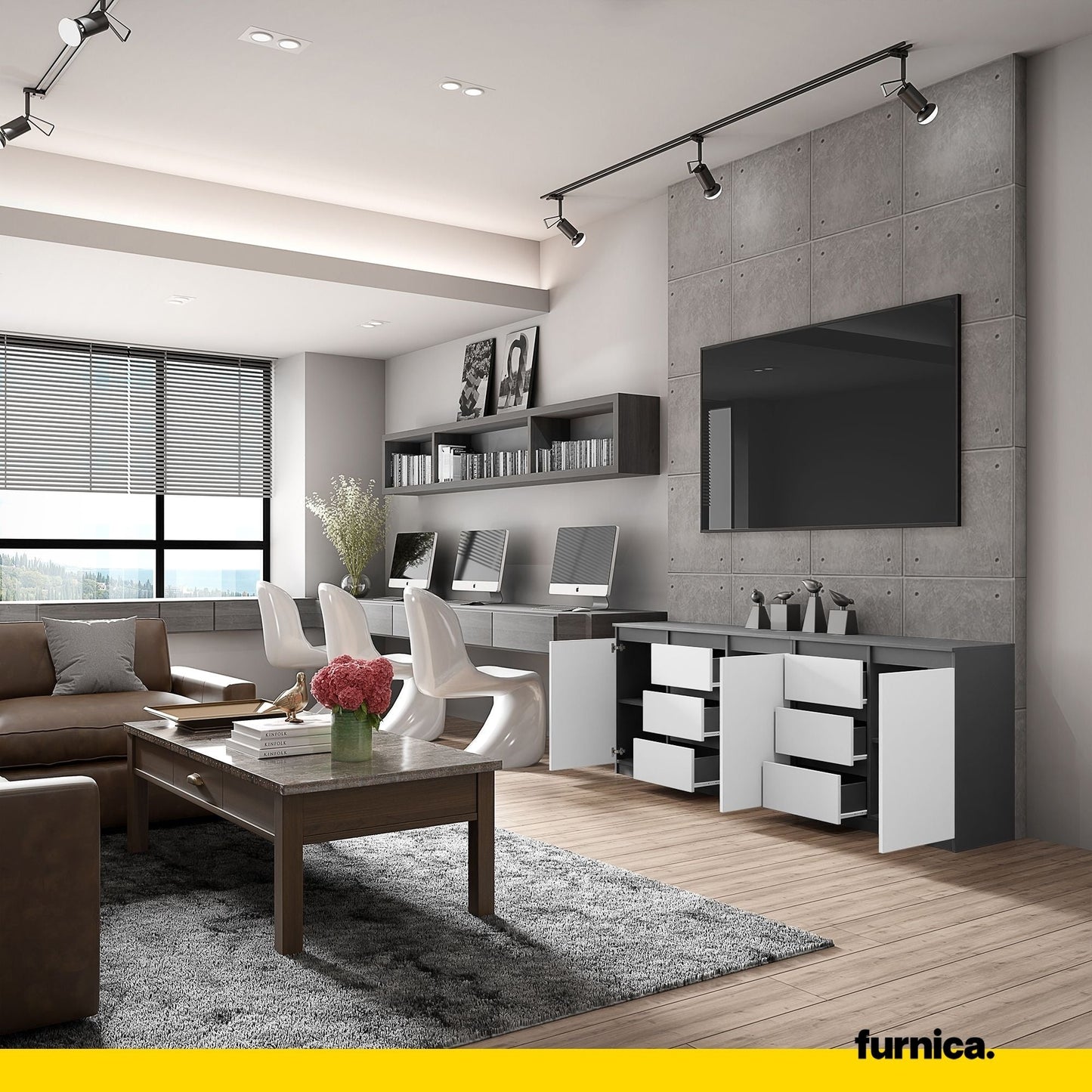 MIKEL - Cassettiera a 6 cassetti e 3 ante - Credenza per camera da letto - Antracite / Bianco Opaco H75cm L200cm P35cm