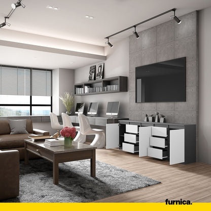 MIKEL - Cassettiera a 6 cassetti e 3 ante - Credenza per camera da letto - Antracite / Bianco Opaco H75cm L200cm P35cm