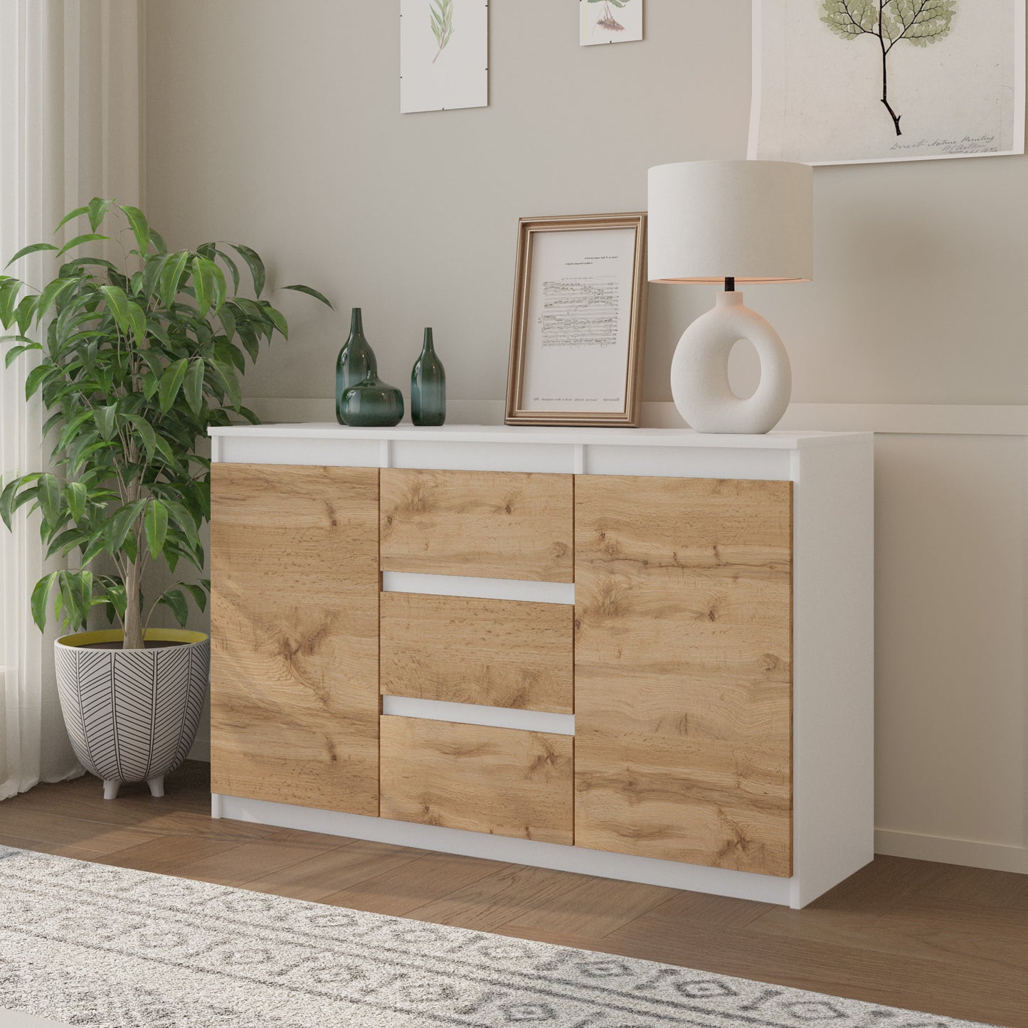 MIKEL - Cassettiera a 3 cassetti e 2 ante - Credenza per camera da letto - Bianco Opaco / Quercia Wotan