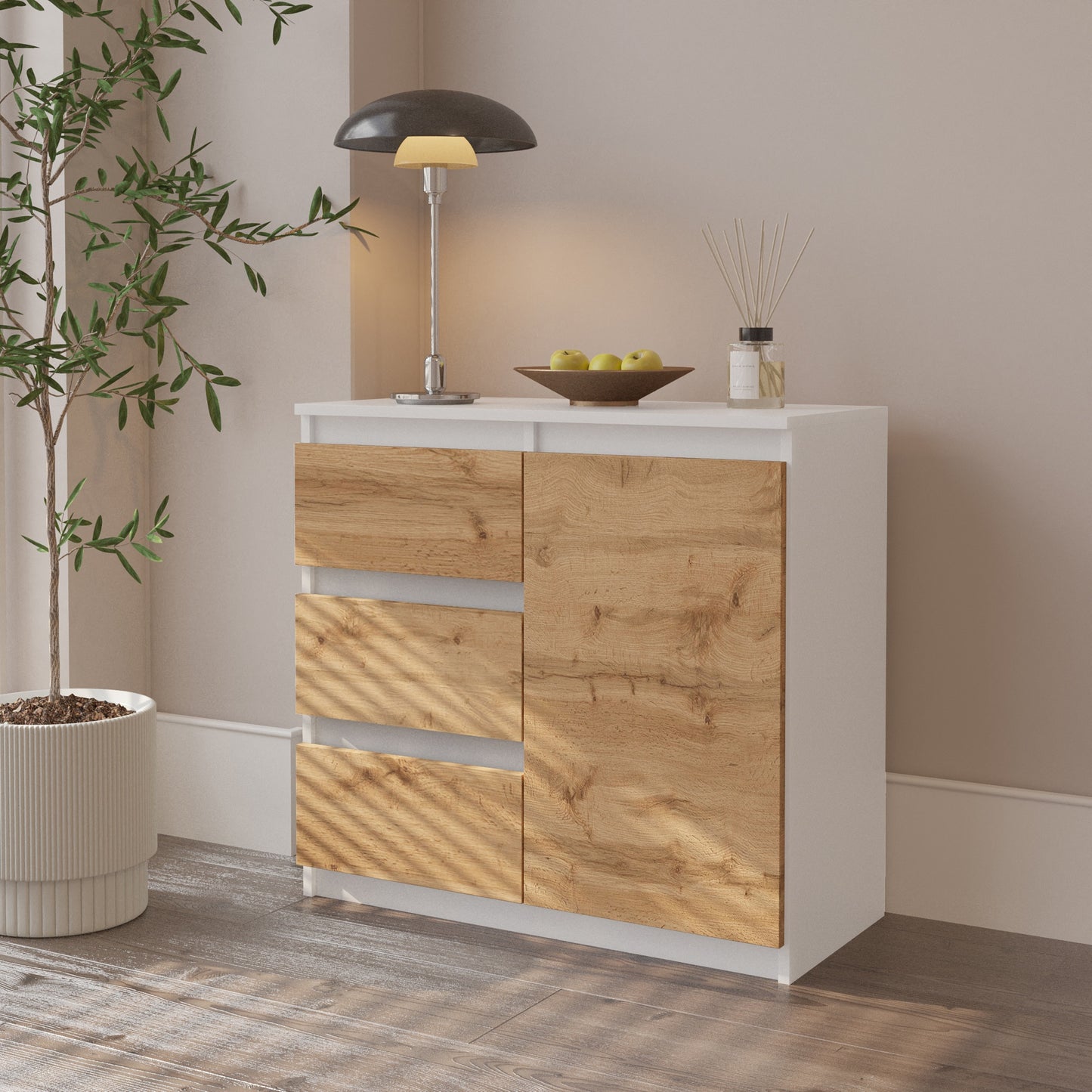 MIKEL - Cassettiera con 3 cassetti e 1 anta - Credenza per camera da letto - Bianco Opaco / Rovere Wotan
