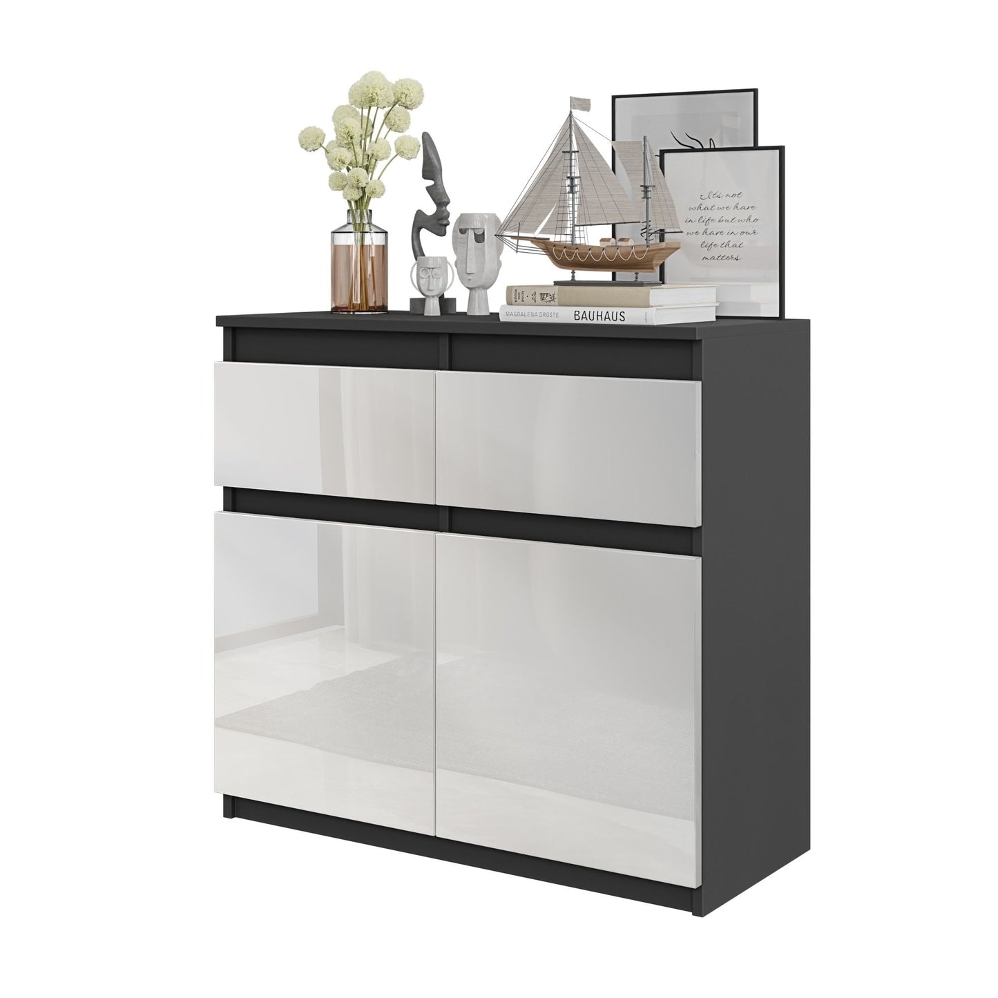 NOAH - Cassettiera con 2 cassetti e 2 ante - Credenza per camera da letto - Antracite / Bianco Lucido