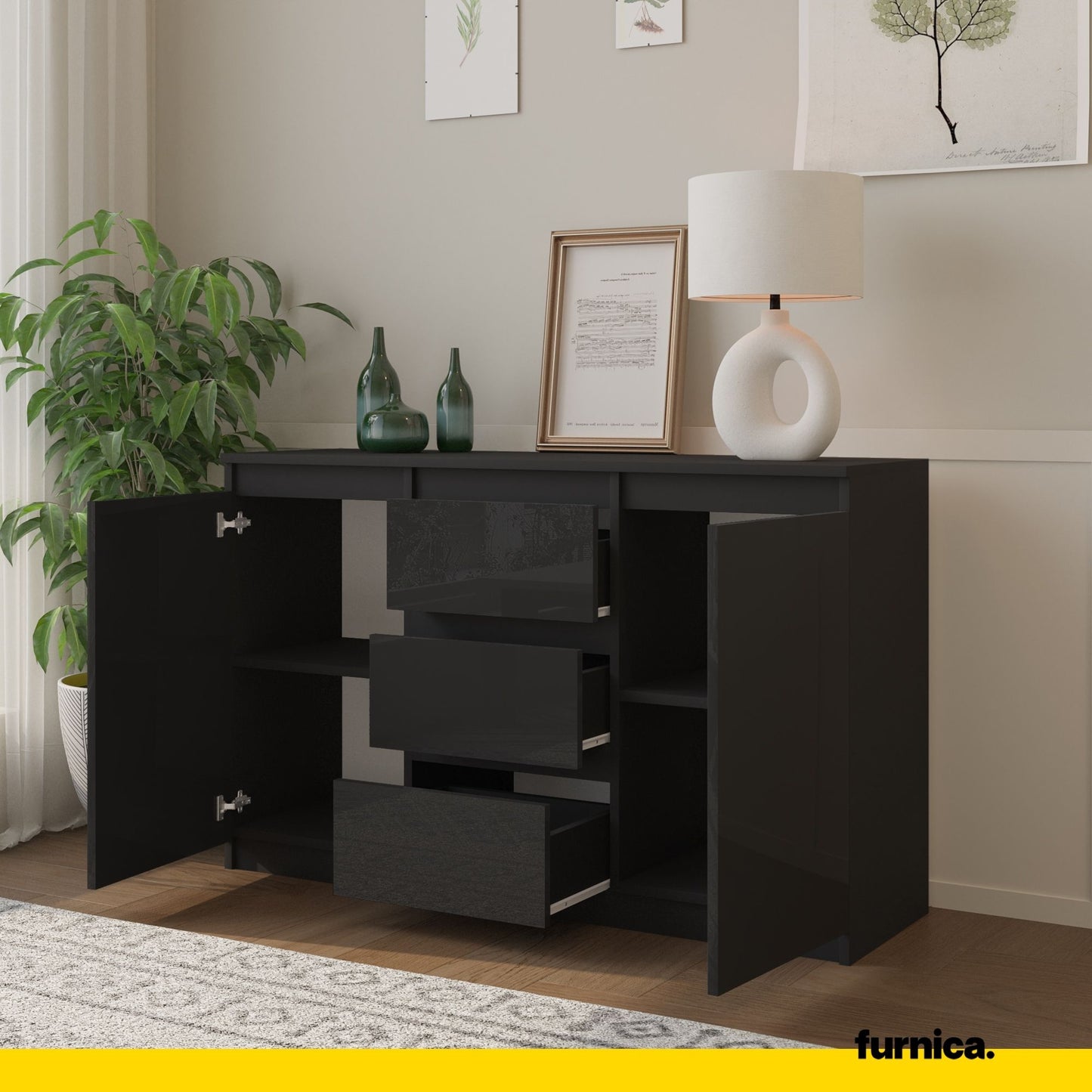 MIKEL - Cassettiera a 3 cassetti e 2 ante - Credenza per camera da letto - Antracite / Nero Lucido