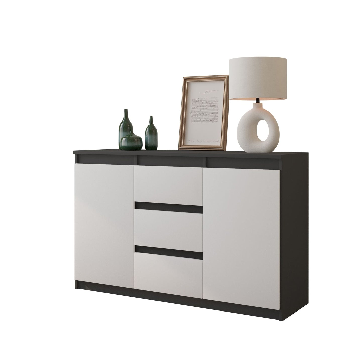 MIKEL - Cassettiera con 3 cassetti e 2 ante - Credenza per camera da letto - Antracite / Bianco Opaco