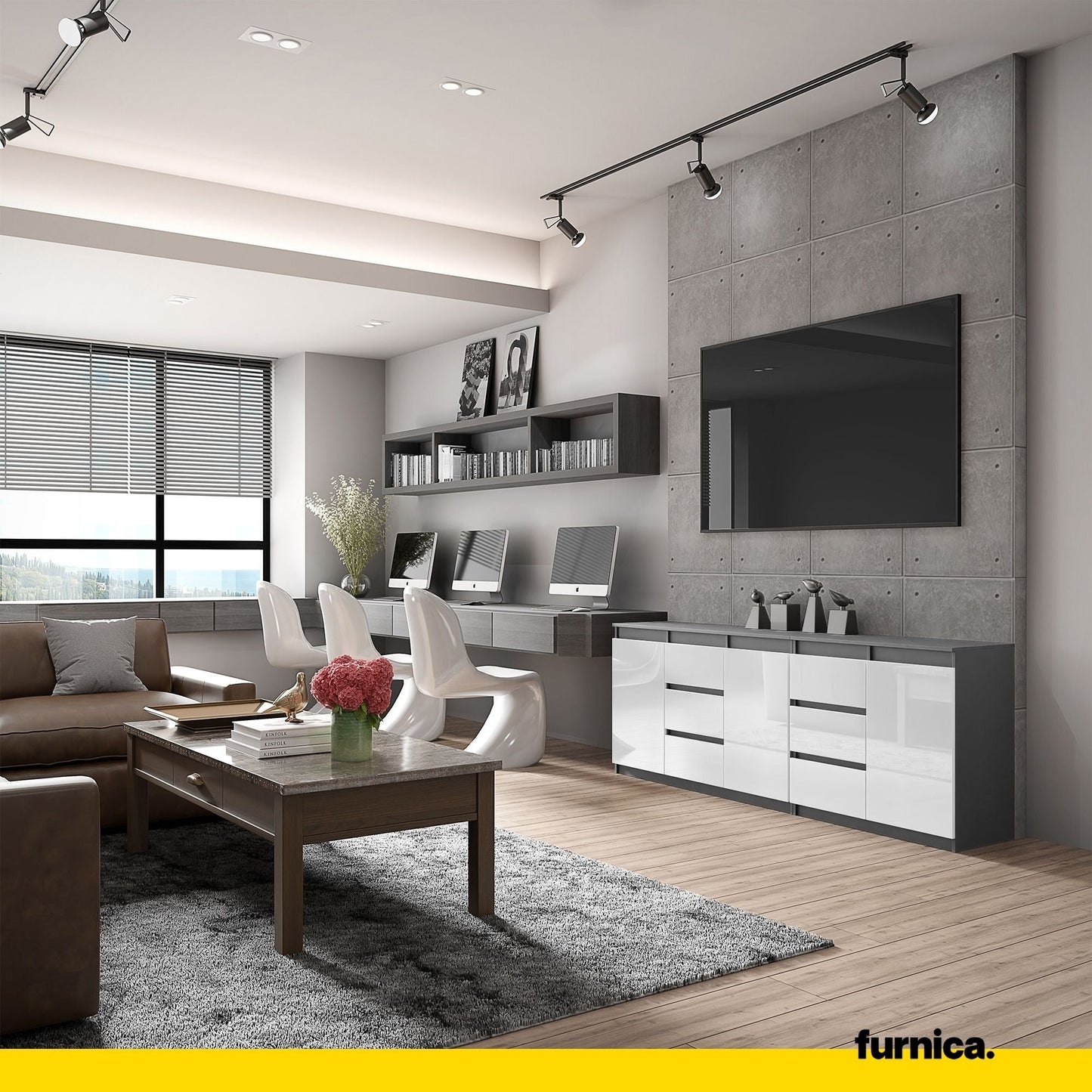 MIKEL - Cassettiera a 6 cassetti e 3 ante - Credenza per camera da letto - Antracite / Bianco Lucido H75cm L200cm P35cm