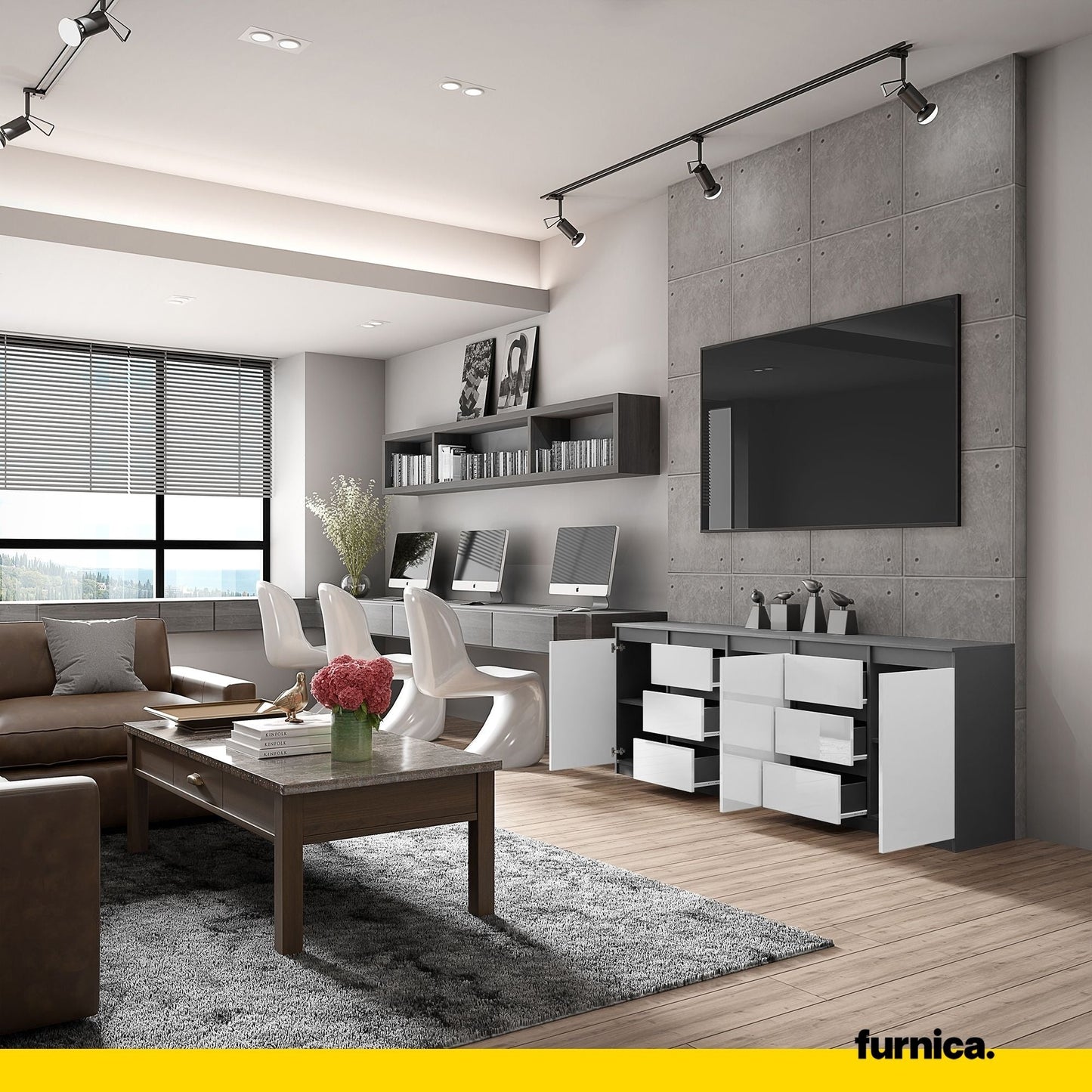 MIKEL - Cassettiera a 6 cassetti e 3 ante - Credenza per camera da letto - Antracite / Bianco Lucido H75cm L200cm P35cm
