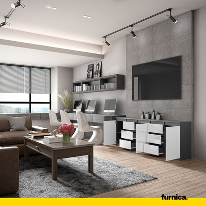 MIKEL - Cassettiera a 6 cassetti e 3 ante - Credenza per camera da letto - Antracite / Bianco Lucido H75cm L200cm P35cm