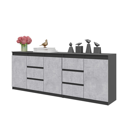 MIKEL - Cassettiera con 6 cassetti e 3 ante - Credenza per camera da letto - Antracite / Calcestruzzo H75cm L200cm P35cm