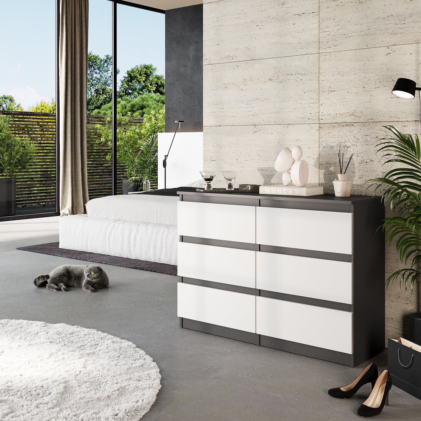 GABRIEL - Cassettiera a 6 cassetti - Credenza per camera da letto - Antracite / Bianco opaco