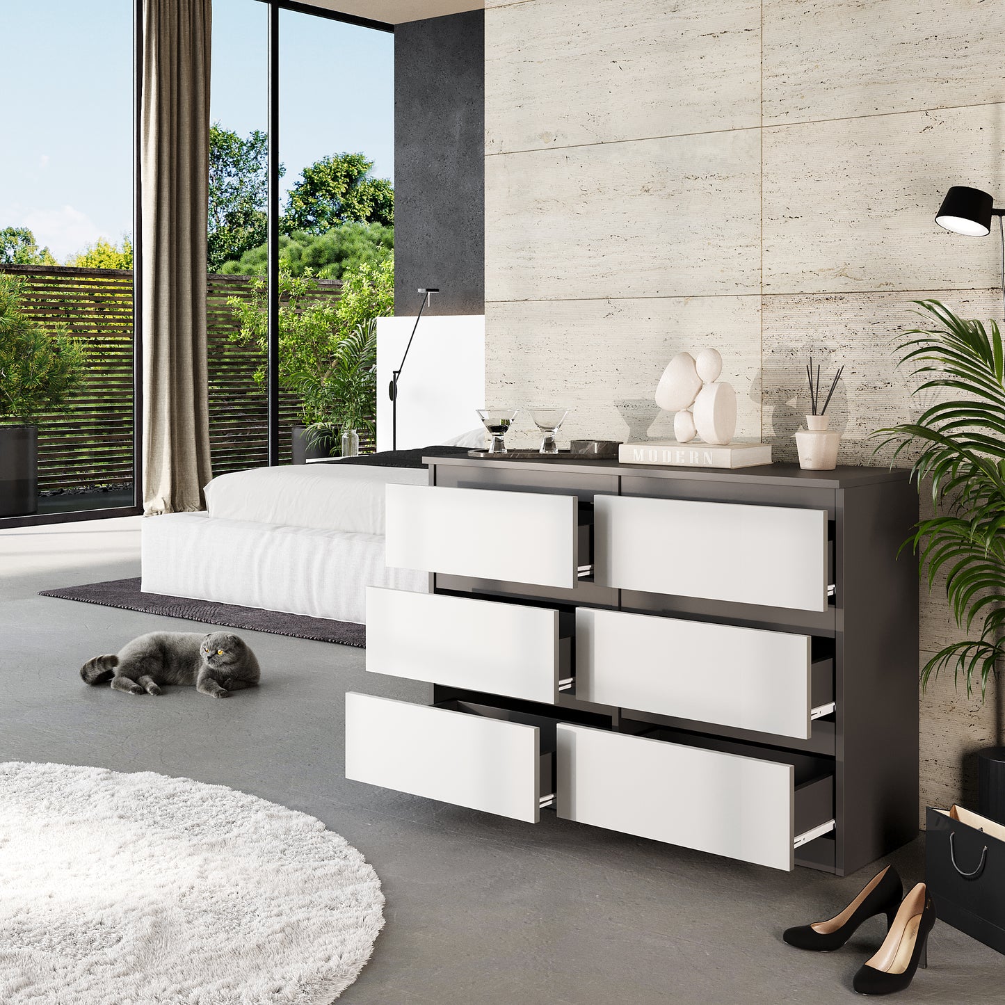 GABRIEL - Cassettiera a 6 cassetti - Credenza per camera da letto - Antracite / Bianco opaco