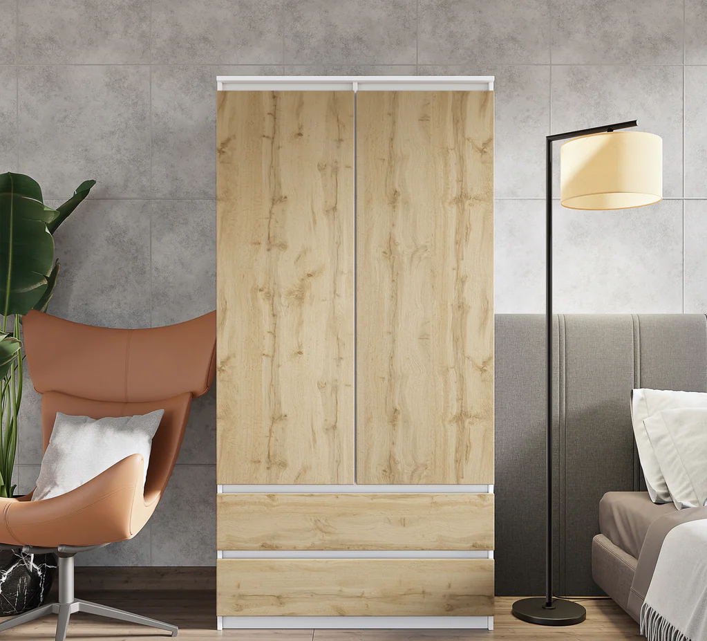 JOELLE - Armadio a 2 ante con 2 cassetti - Bianco opaco / Rovere Wotan H180cm L90cm P50cm