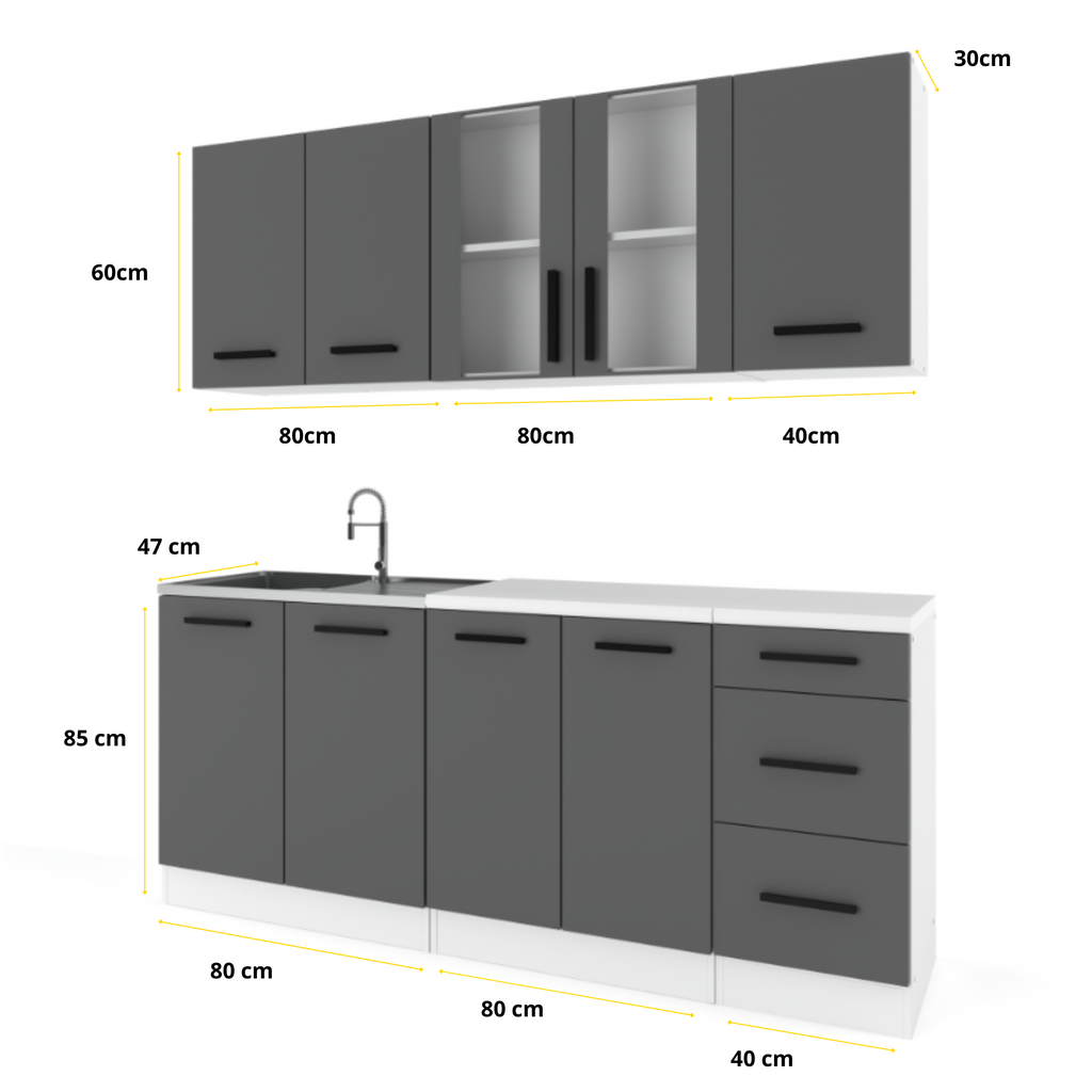 GONZO - Set cucina - Bianco opaco con piano di lavoro - 6 unità - 200 cm