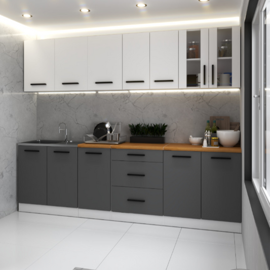 RENO - Set cucina - Antracite / Bianco opaco con piano di lavoro - 8 unità - 260 cm