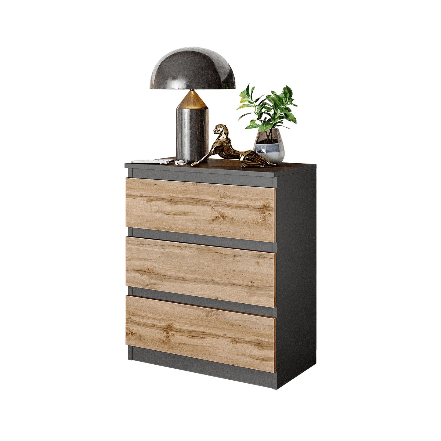 GABRIEL - Comodino - Comodino con 3 cassetti - Antracite / Rovere Wotan - A72cm L60cm P33cm