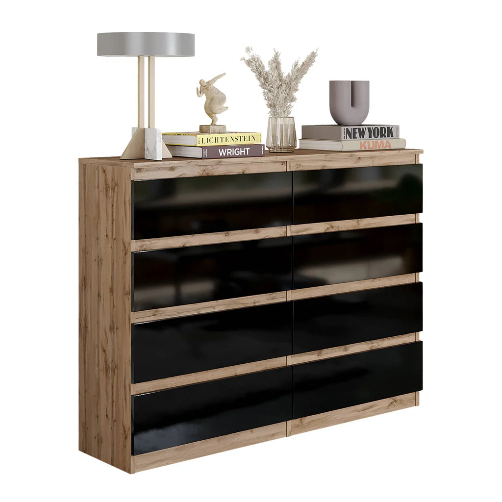 GABRIEL - Cassettiera a 8 cassetti - Credenza per camera da letto - Rovere Wotan / Nero Lucido