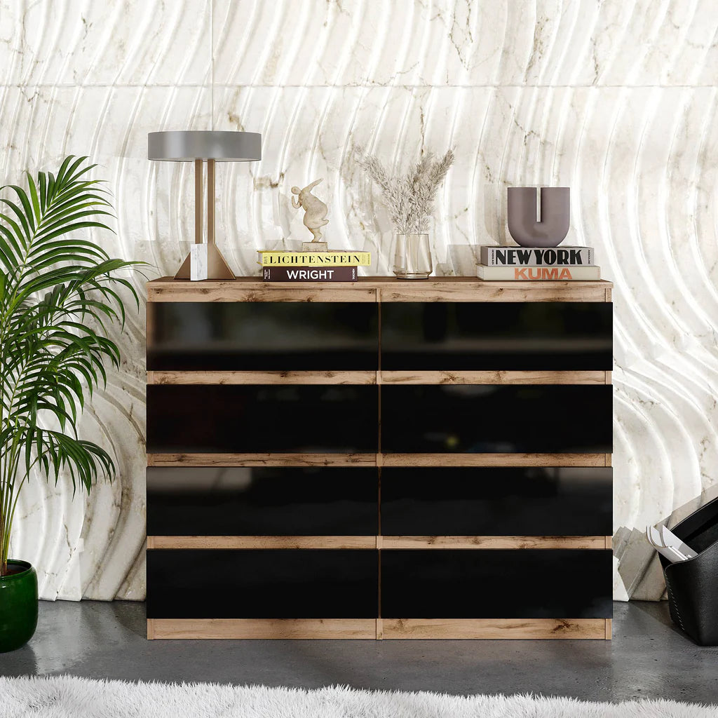 GABRIEL - Cassettiera a 8 cassetti - Credenza per camera da letto - Rovere Wotan / Nero Lucido