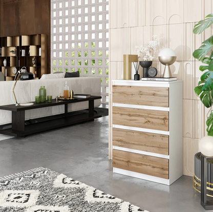 GABRIEL - Comò a 4 cassetti - Credenza per camera da letto - Bianco opaco / Rovere Wotan