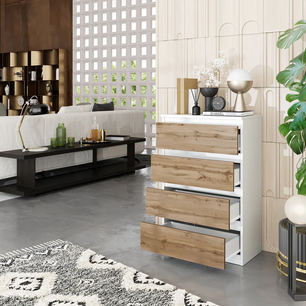 GABRIEL - Comò a 4 cassetti - Credenza per camera da letto - Bianco opaco / Rovere Wotan