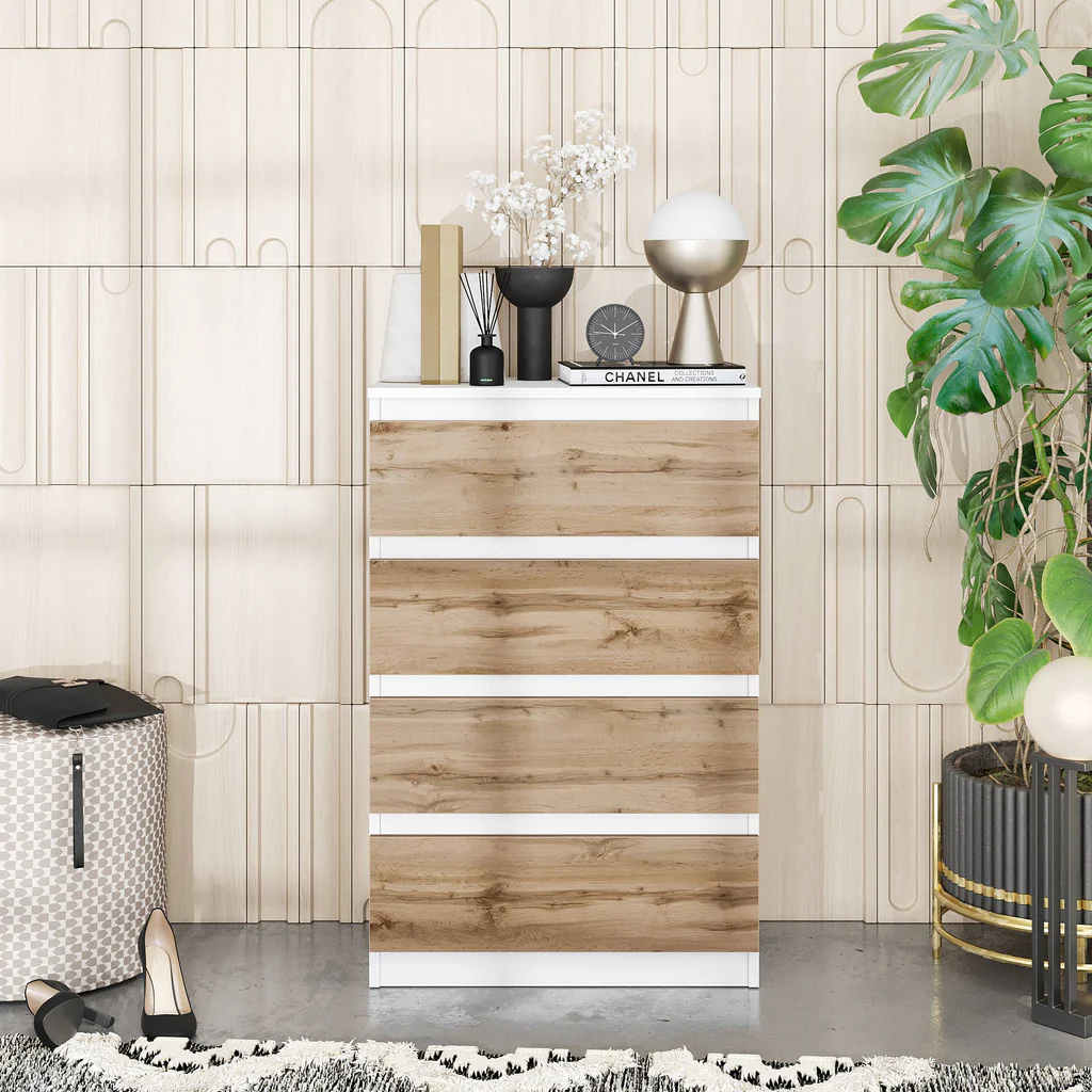 GABRIEL - Comò a 4 cassetti - Credenza per camera da letto - Bianco opaco / Rovere Wotan