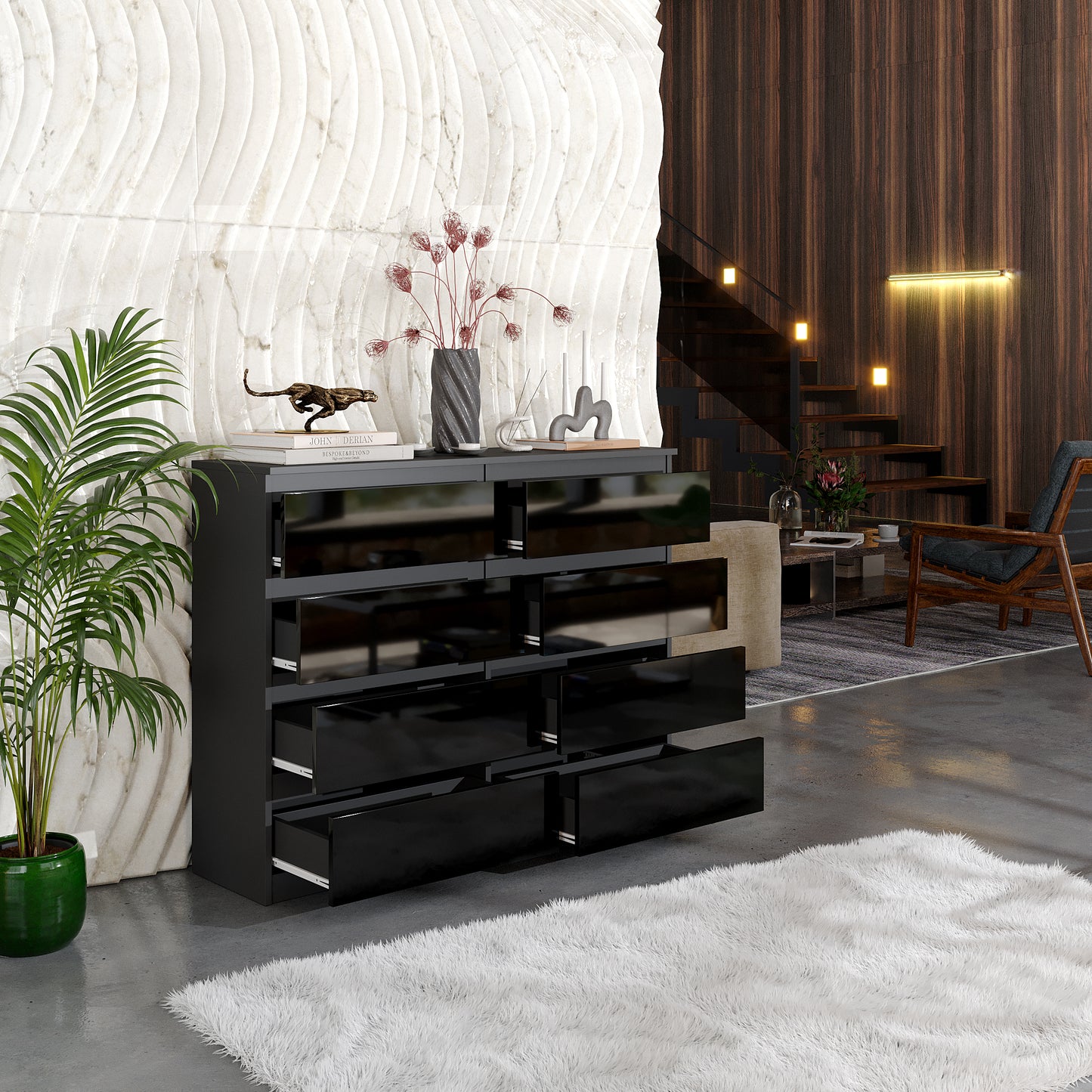 GABRIEL - Cassettiera a 8 cassetti - Credenza per camera da letto - Antracite / Nero Lucido