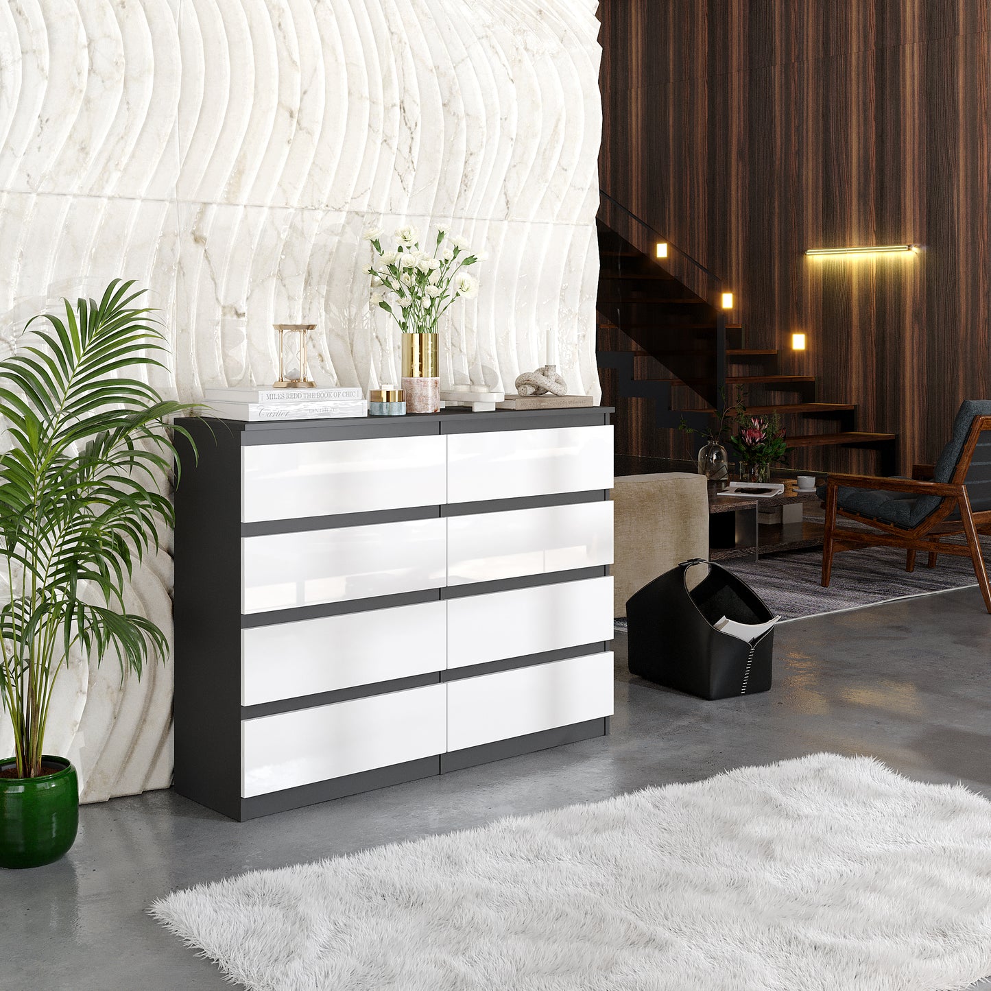 GABRIEL - Cassettiera a 8 cassetti - Credenza per camera da letto - Antracite / Bianco Lucido