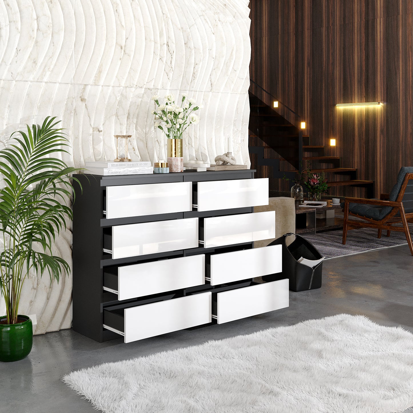 GABRIEL - Cassettiera a 8 cassetti - Credenza per camera da letto - Antracite / Bianco Lucido
