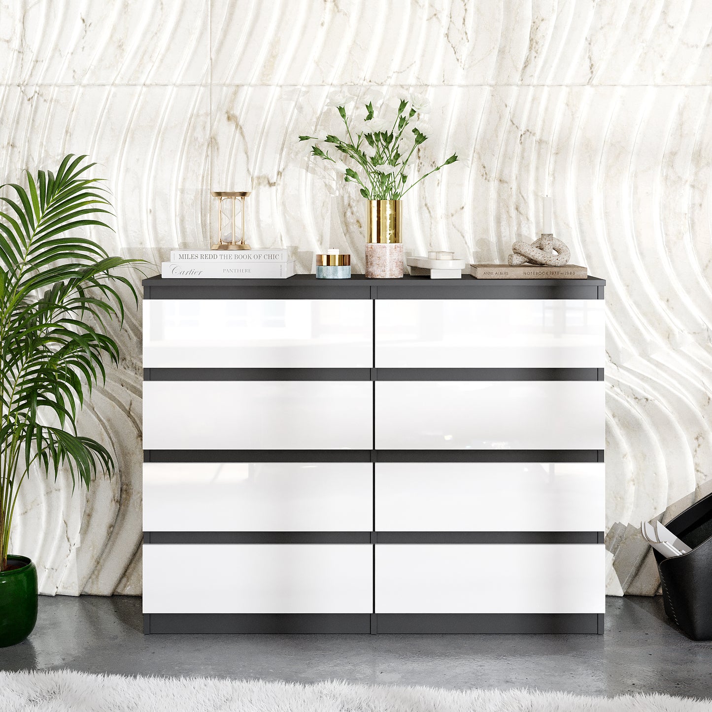 GABRIEL - Cassettiera a 8 cassetti - Credenza per camera da letto - Antracite / Bianco Lucido