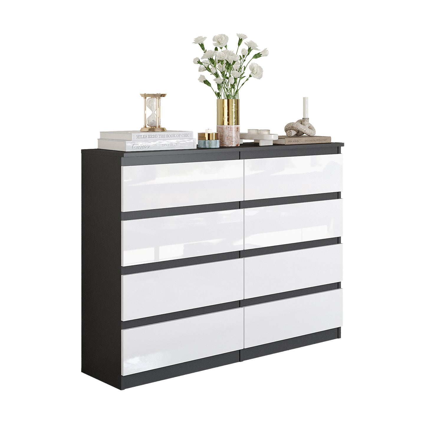 GABRIEL - Cassettiera a 8 cassetti - Credenza per camera da letto - Antracite / Bianco Lucido