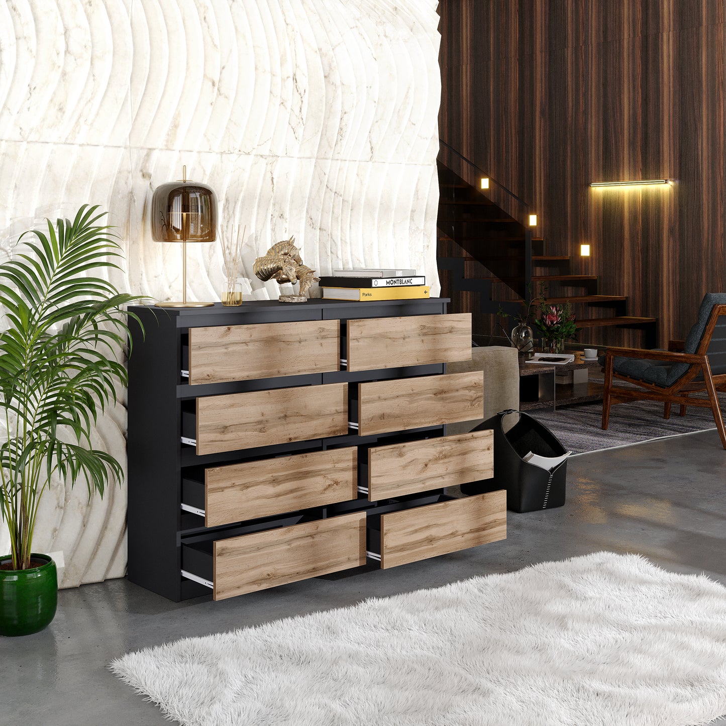 GABRIEL - Cassettiera a 8 cassetti - Credenza per camera da letto - Antracite / Rovere Wotan