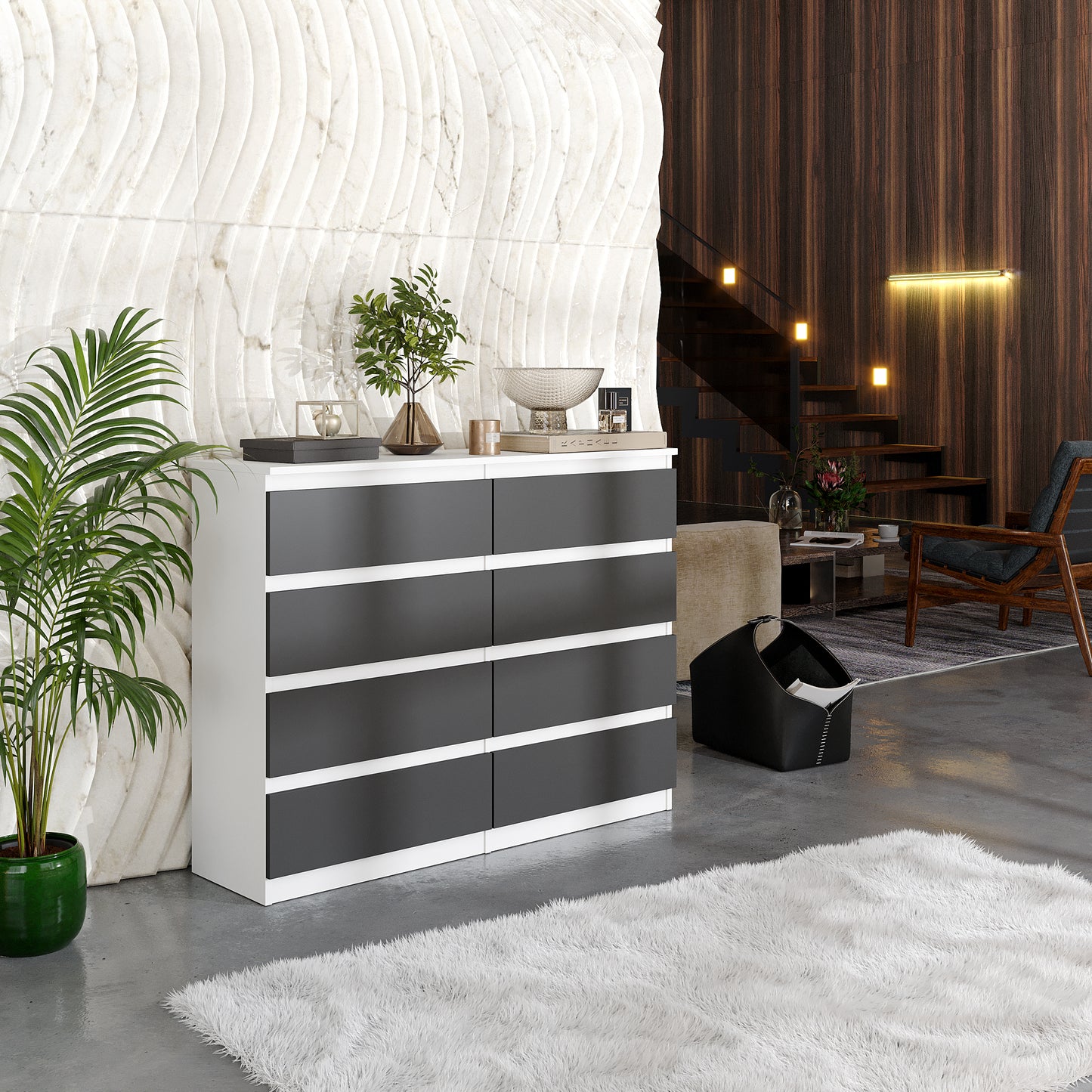GABRIEL - Cassettiera a 8 cassetti - Credenza per camera da letto - Bianco Opaco / Antracite