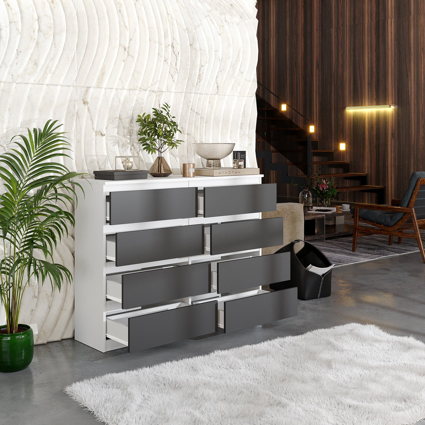 GABRIEL - Cassettiera a 8 cassetti - Credenza per camera da letto - Bianco Opaco / Antracite