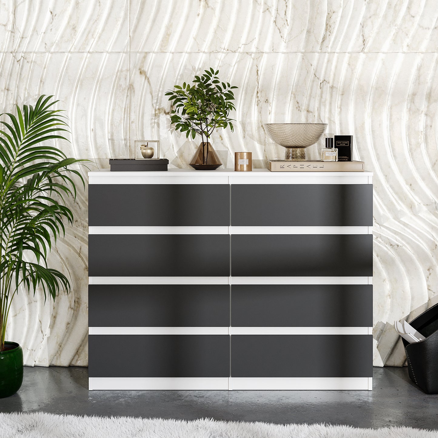 GABRIEL - Cassettiera a 8 cassetti - Credenza per camera da letto - Bianco Opaco / Antracite