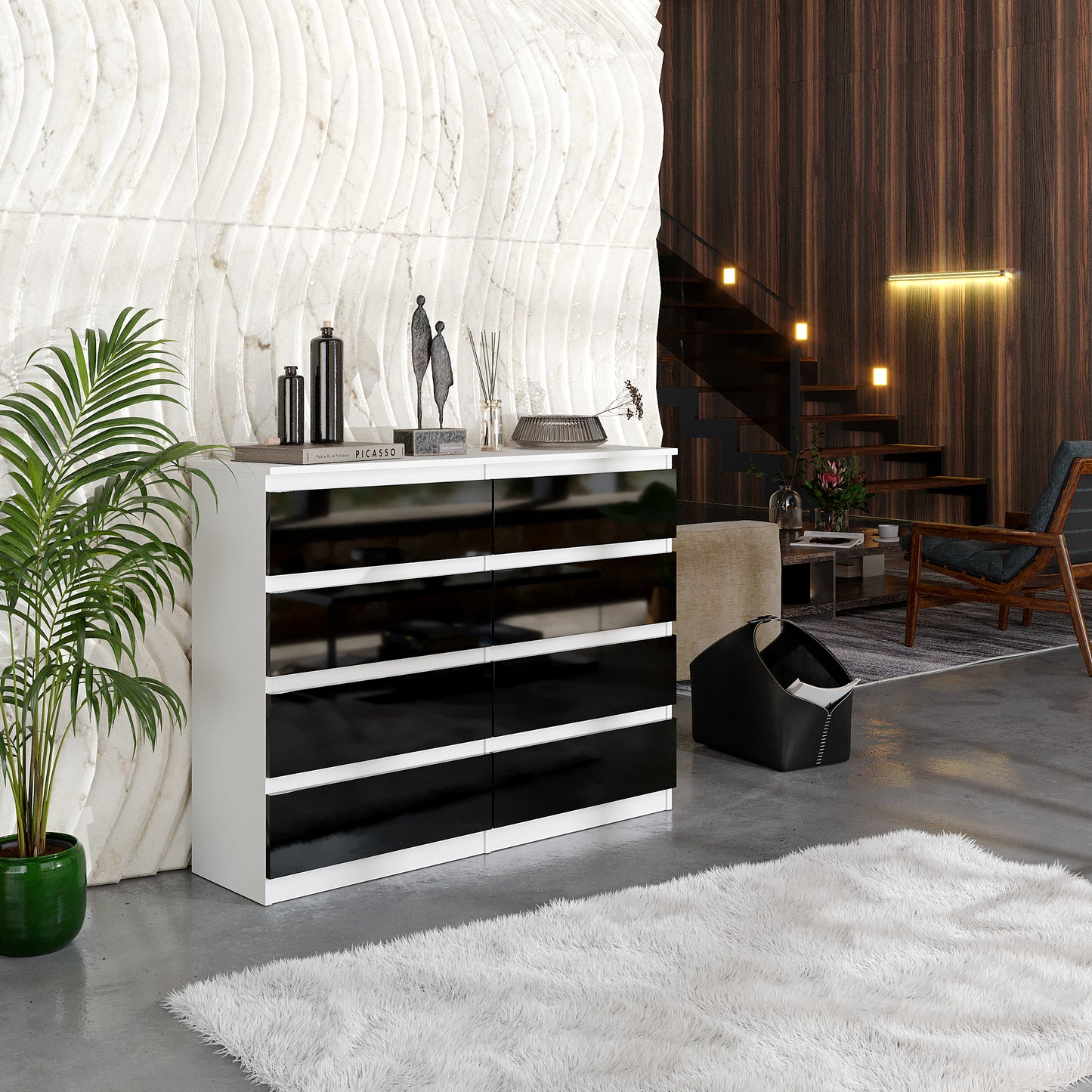 GABRIEL - Cassettiera a 8 cassetti - Credenza per camera da letto - Bianco opaco / Nero lucido