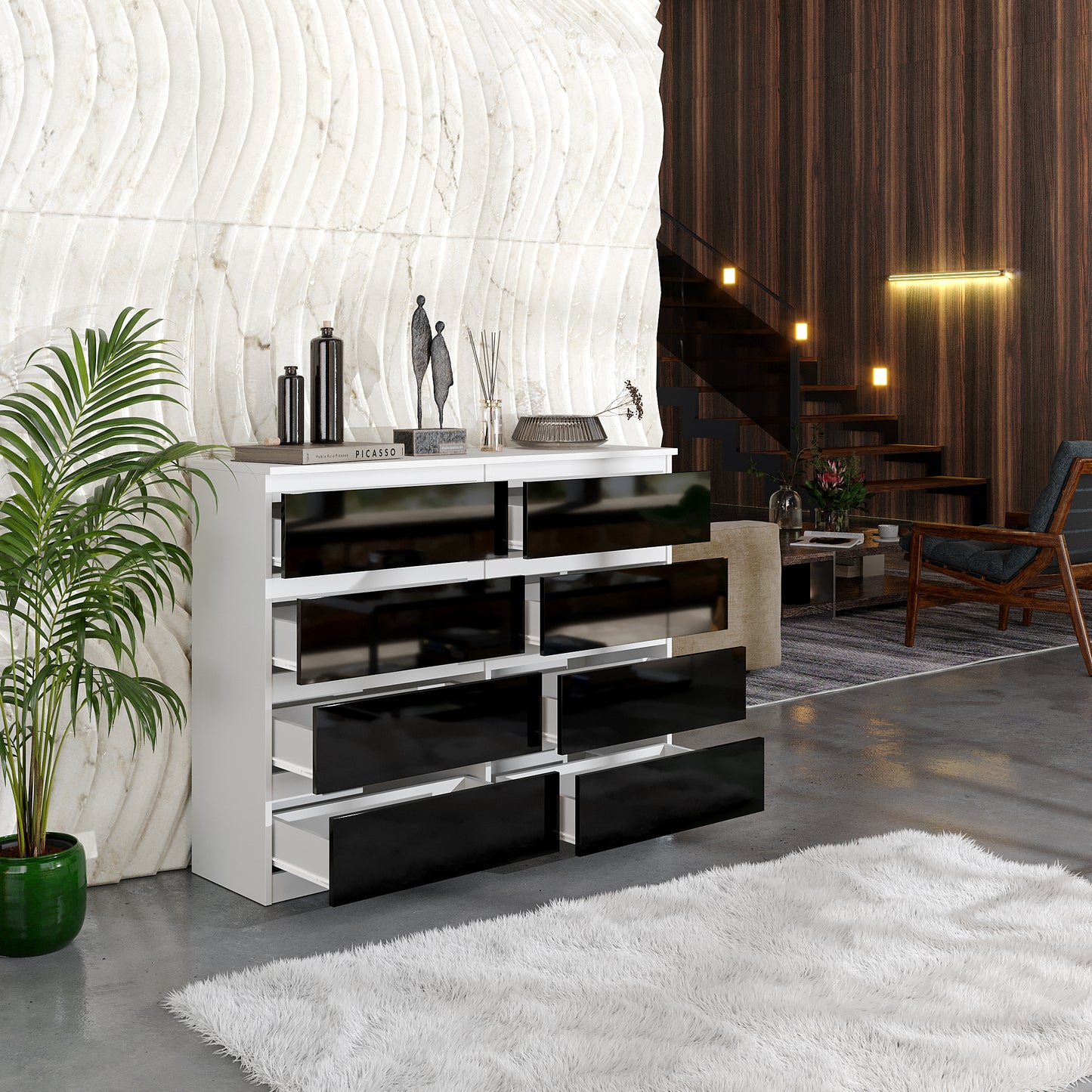 GABRIEL - Cassettiera a 8 cassetti - Credenza per camera da letto - Bianco opaco / Nero lucido
