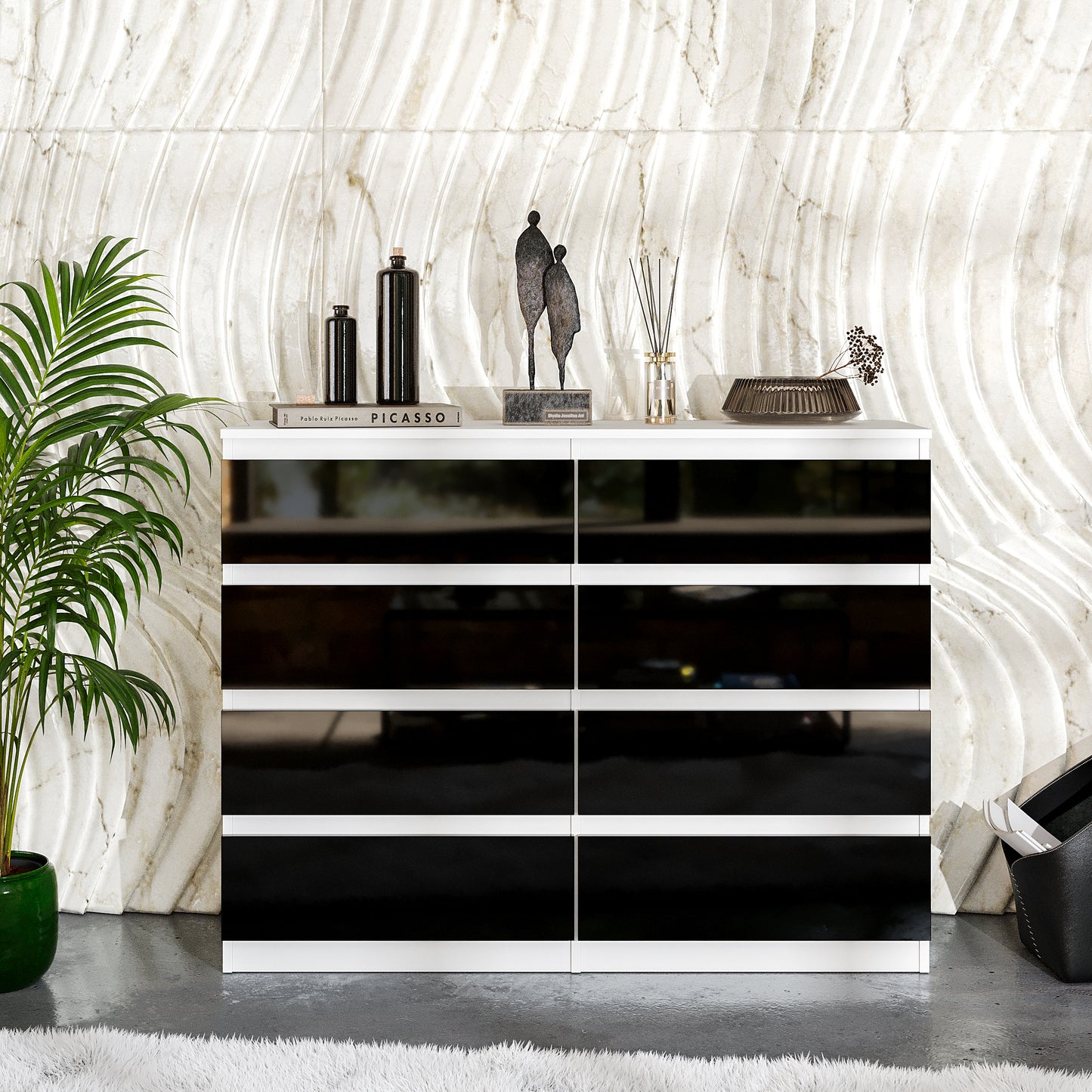 GABRIEL - Cassettiera a 8 cassetti - Credenza per camera da letto - Bianco opaco / Nero lucido