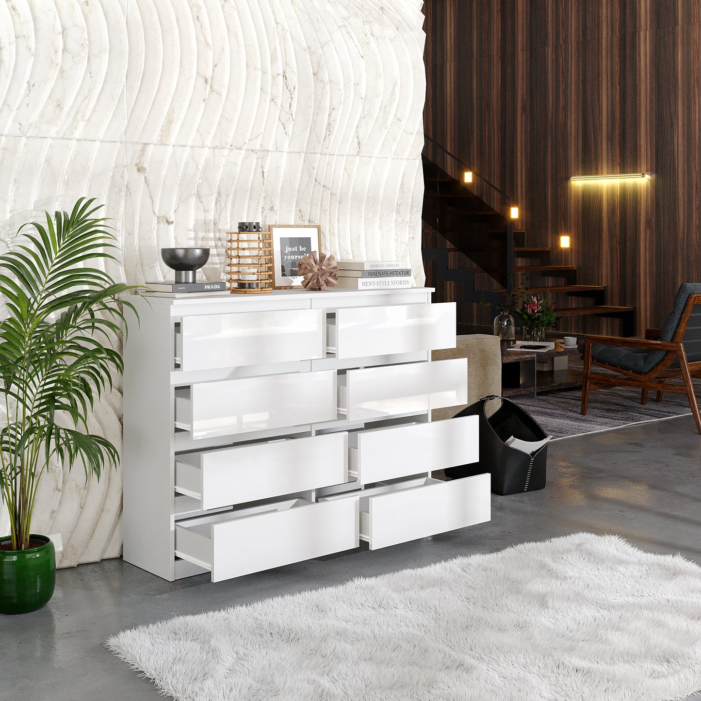 GABRIEL - Cassettiera a 8 cassetti - Credenza per camera da letto - Bianco lucido