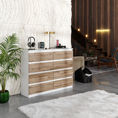 GABRIEL - Cassettiera a 8 cassetti - Credenza per camera da letto - Bianco opaco / Rovere Wotan