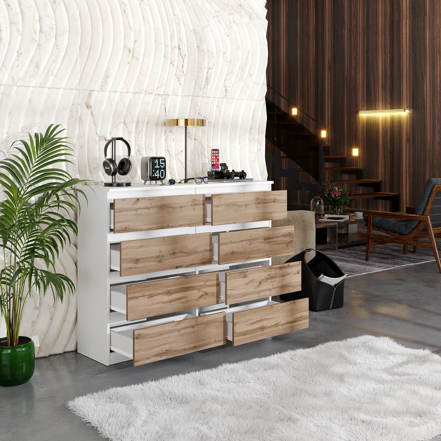 GABRIEL - Cassettiera a 8 cassetti - Credenza per camera da letto - Bianco opaco / Rovere Wotan