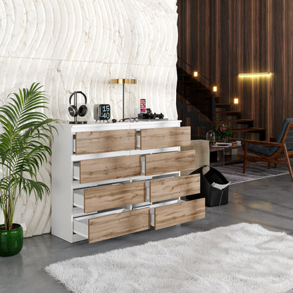 GABRIEL - Cassettiera a 8 cassetti - Credenza per camera da letto - Bianco opaco / Rovere Wotan