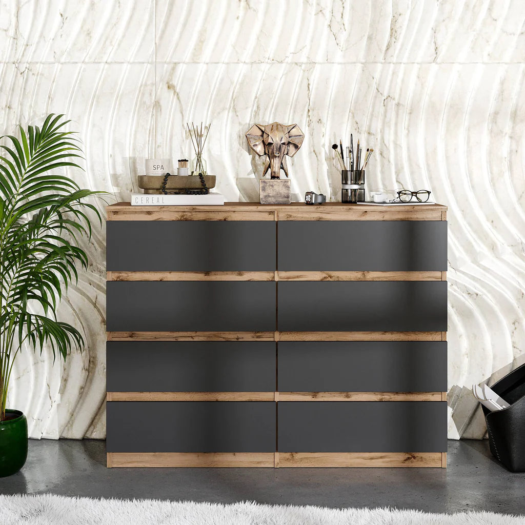 GABRIEL - Cassettiera a 8 cassetti - Credenza per camera da letto - Rovere Wotan / Antracite